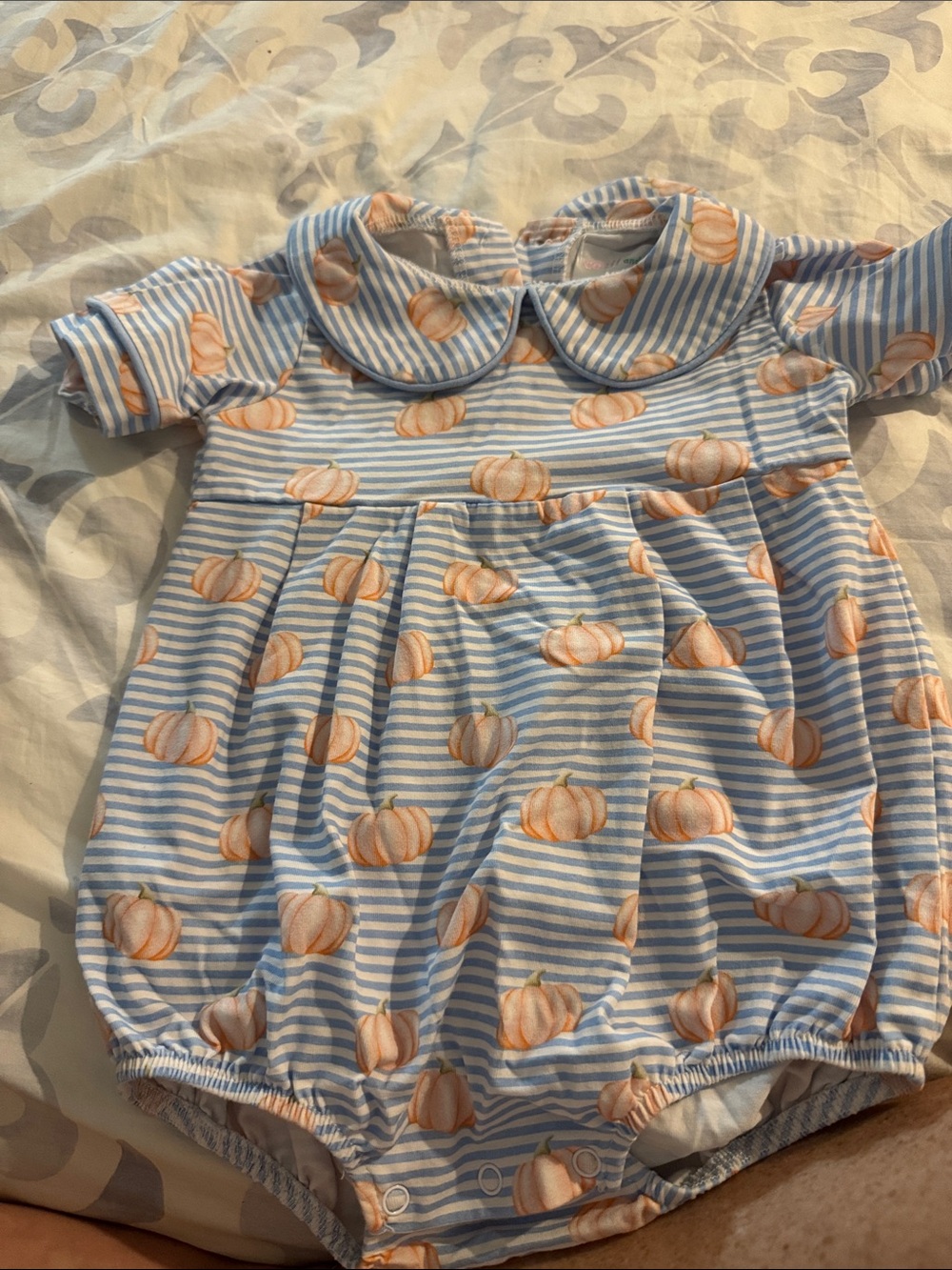 Cecil and Lou Boys blue and white pumpkin bubble with collar 18 months